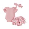 Baby Girl Easter Outfits Letter Embroidery Crew Neck Short Sleeve Romper Ruffles Shorts Headband 3Pcs Clothes Set