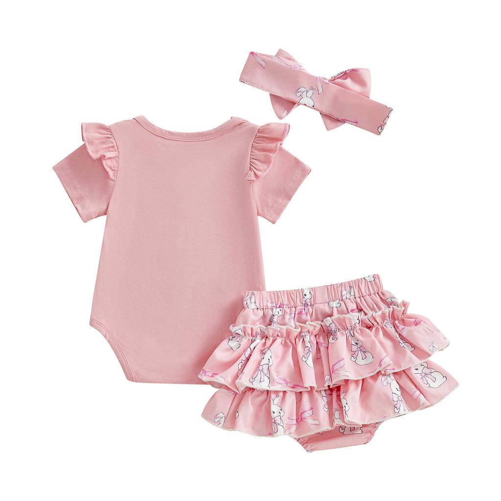 Baby Girl Easter Outfits Letter Embroidery Crew Neck Short Sleeve Romper Ruffles Shorts Headband 3Pcs Clothes Set