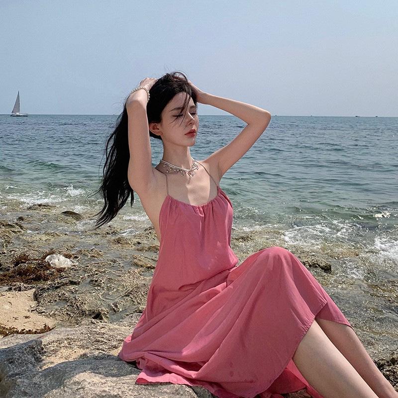 Rosa rückenfreies Neckholder-Kleid Damen Sommer Teepause Schön Sexy Urlaubsstrandkleid