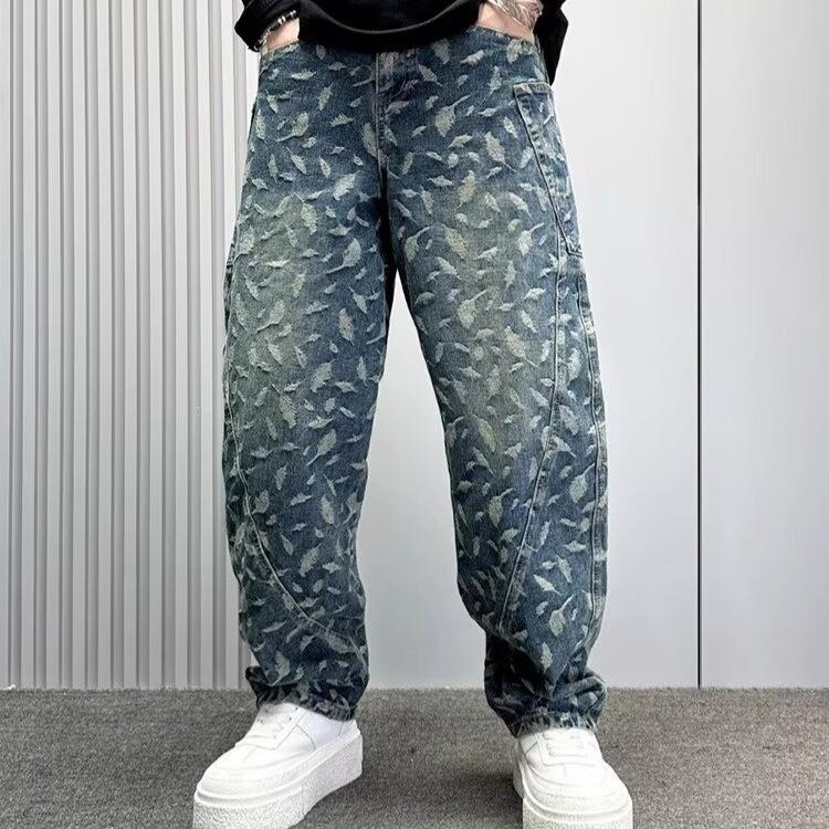 JYL Men's Jacquard Jeans Summer High-Street Trendy Loose Design Denim Pants