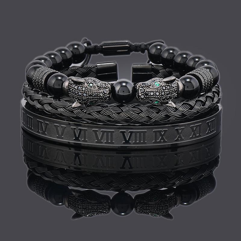 Luxury Black Stone Beads Leopard Head Man Bracelet Enamel Stainless Steel Roman Bangles Women Jewelry 3 pieces make a set