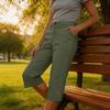 Women Casual Cargo Capri Pants Elastic Waist Stretchy Waistband Relaxed Fit Utility Trousers with Pockets Mid Calf Length