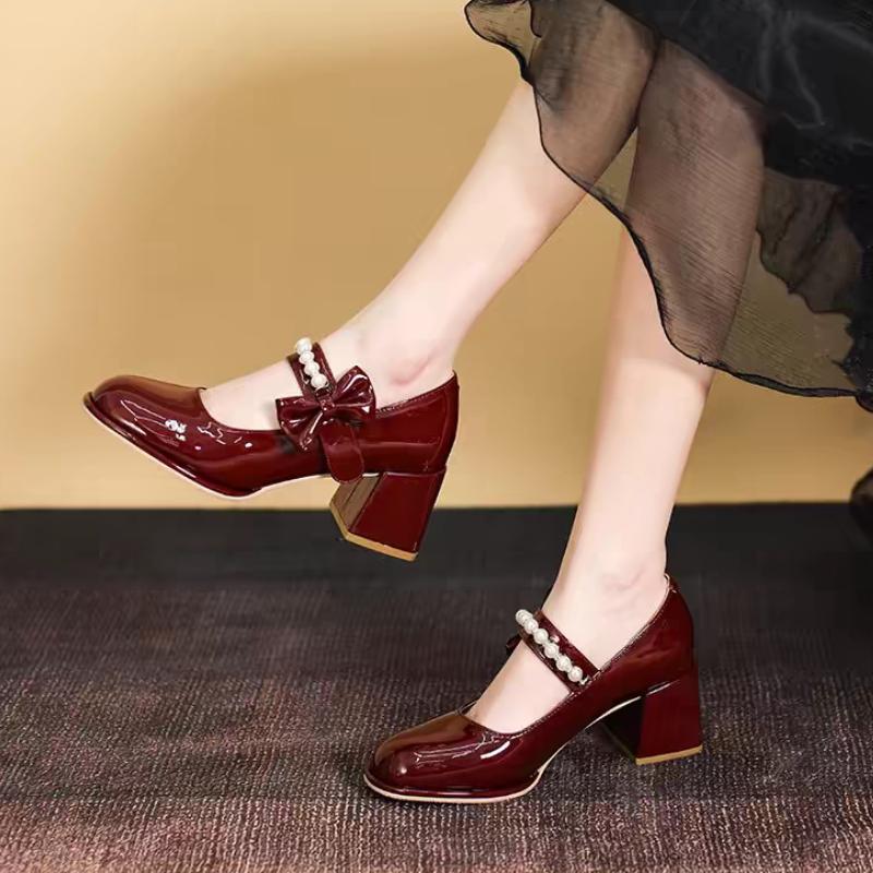 Mode 2025 Nieuwe Luxe Platform Kralen Strik Bruiloft Dating Schoenen Lente Dames Mary Janes Pumps Ronde Neus Blokhakken