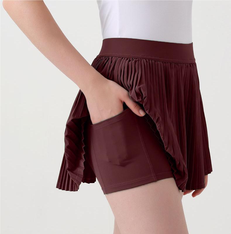 Damen Tennisrock mit hohem Bund: Fake zweiteiliger plissierter Sport-Skort mit integrierten Shorts.