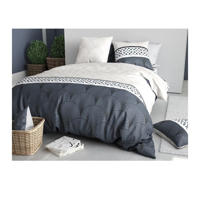 Parure De Lit - Eventails Graphique - 260x240 Cm - 100% Coton - Lavable À 40°C