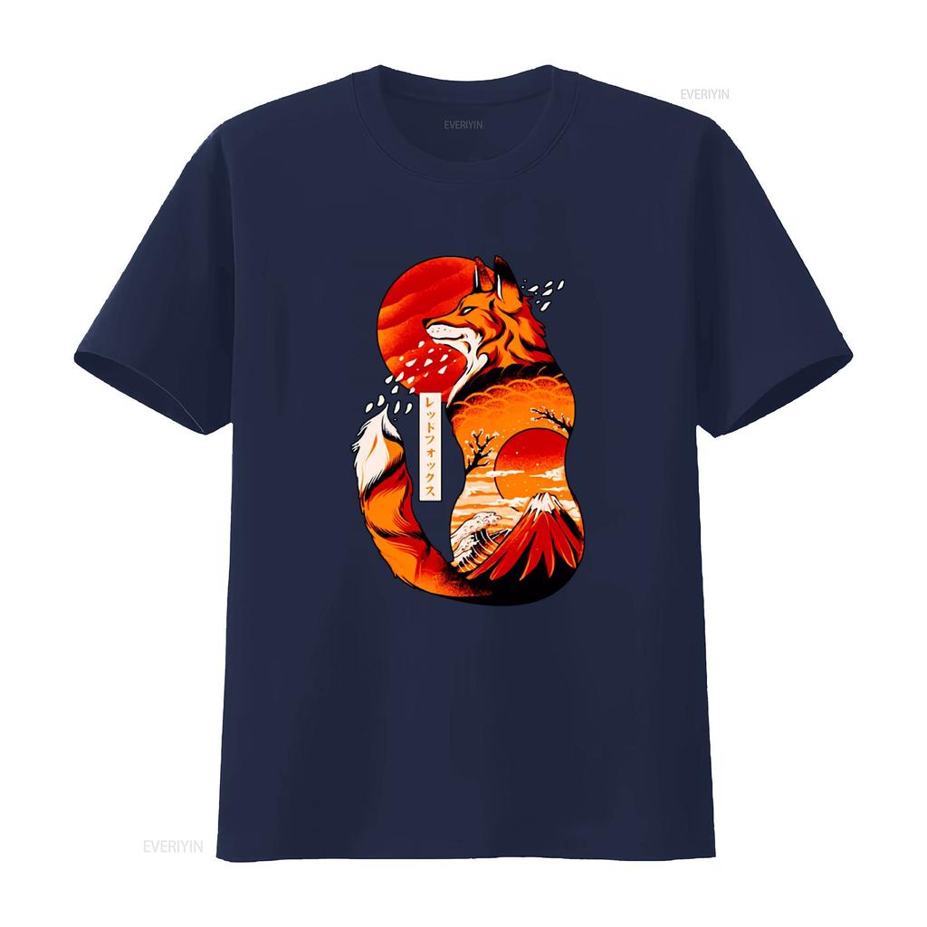 Japanese Fox Print T Shirt for Cool Vintage Washed Slightly Breathable Unisex Casual Soft Designer Clothes Streetwear