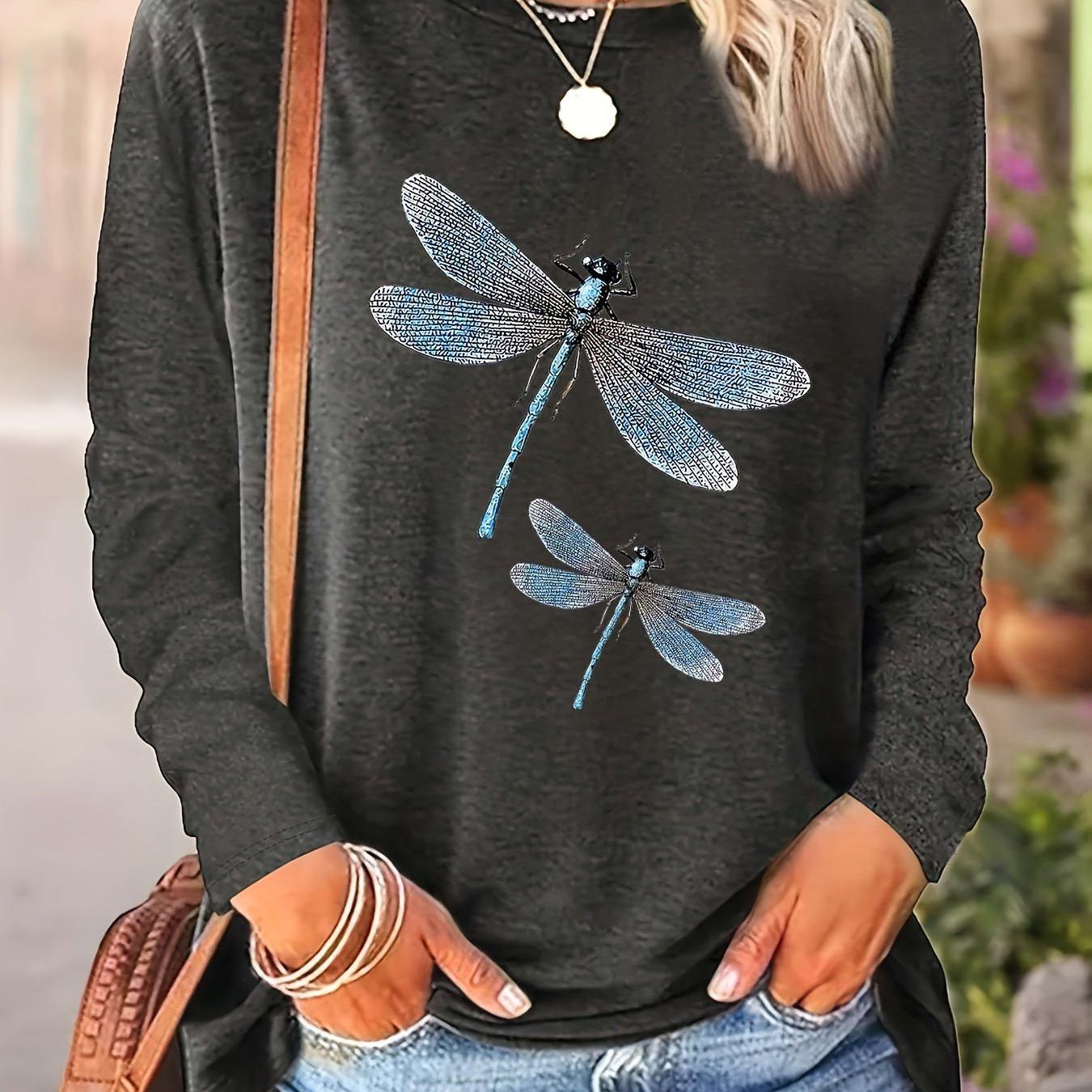 

Футболка с круглым вырезом и ярким принтом «Стрекоза» — повседневный женский топ с длинными рукавами XL
