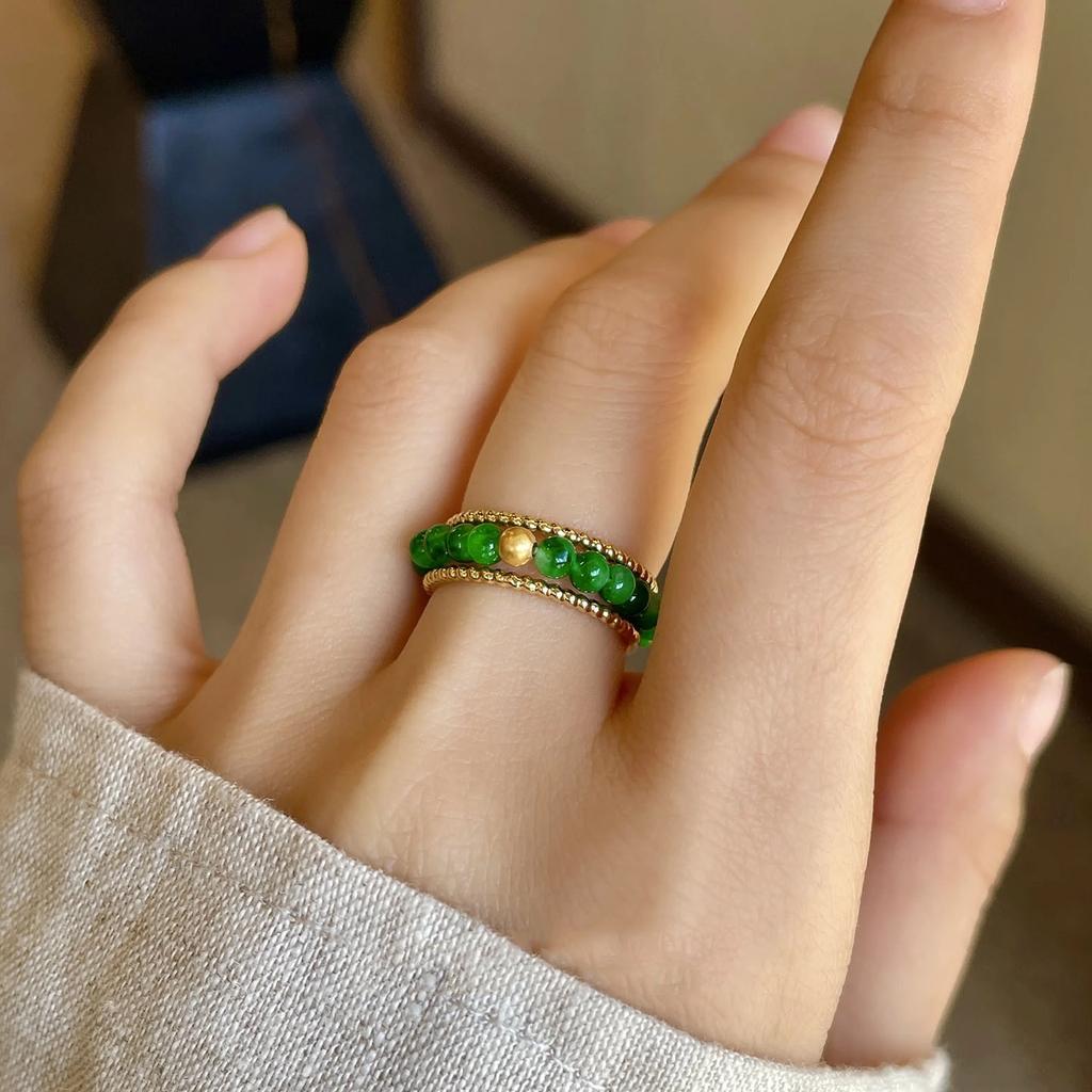 Vintage and small green round beads natural chalcedony rings for women new in Chinese style elastic rope ring  gift