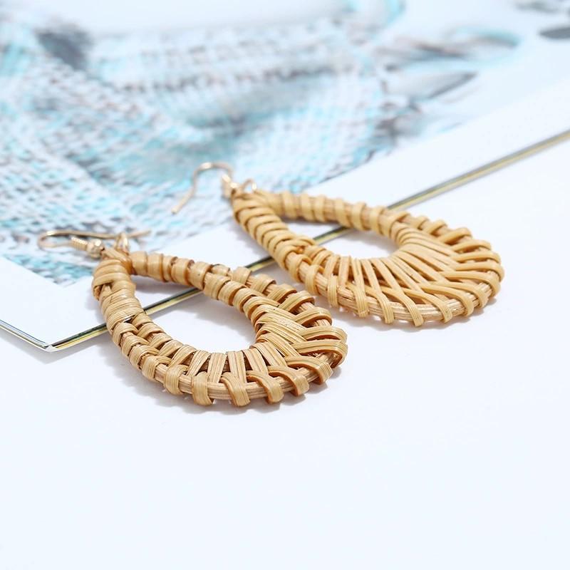 Handcrafted Brown Rattan Oval Hollow Dangle Earrings for Women Wooden Holiday Earring Party Jewelry Gifts
