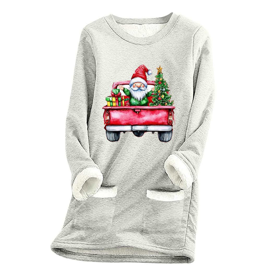 Ladies' Loose And Comfortable Round Neck Christmas Print Thick With Pockets Long Sleeved Top