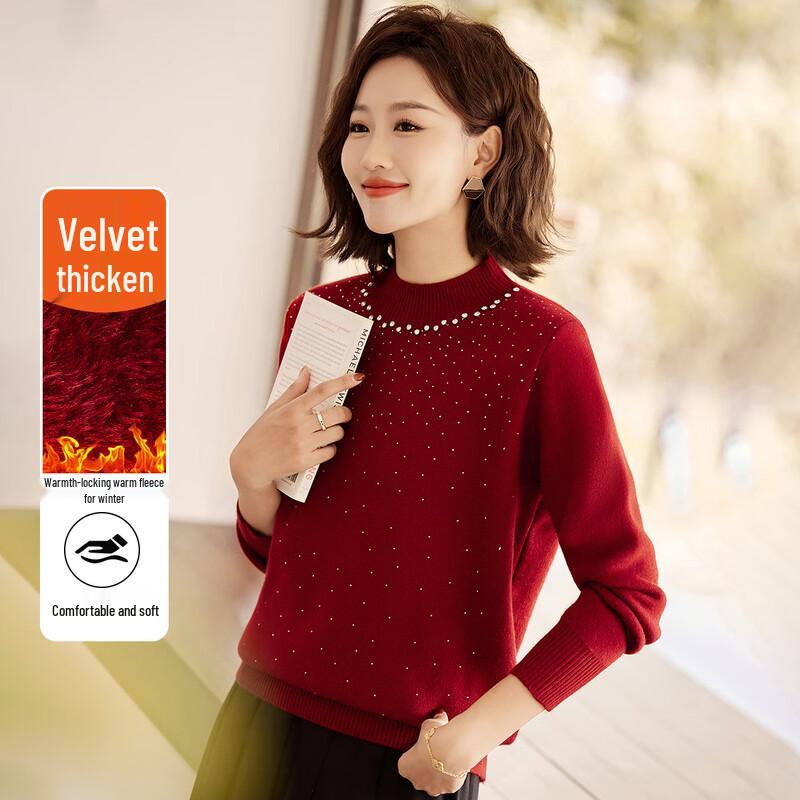 KAVON Women s Rhinestone Embellished Half-High Collar Knit Sweater L