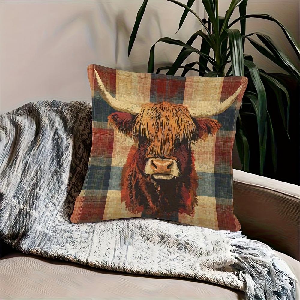Single-sided Printed Pillowcase Featuring a Plaid Background and Vibrant Highland Cow Design