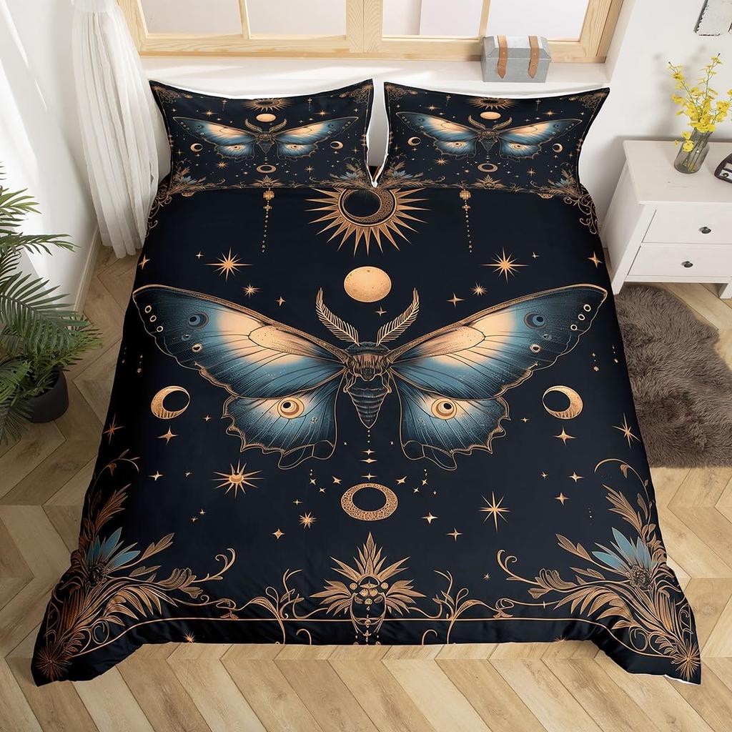 Gothic Moth Duvet Cover Set Queen Twin SizeDreamy Butterfly Animal Rustic Leaves Bedding SetExotic Starry Moon Sky Quilt Cover