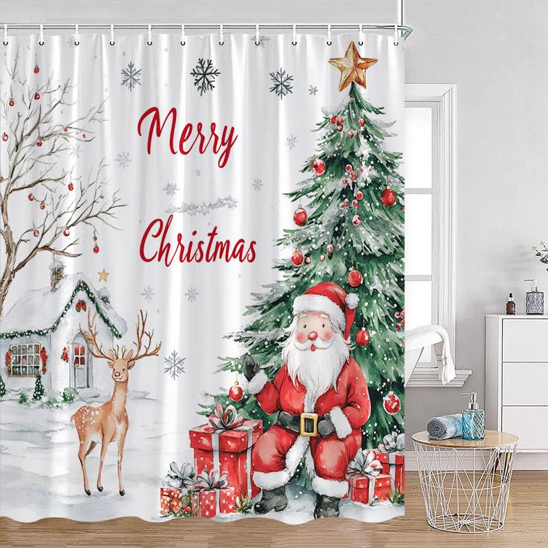 Cute Snowman Christmas Shower Curtain Winter Forest Xmas Trees Snow Lights New Year Home Bathroom Decor Bath Curtains With Hooks