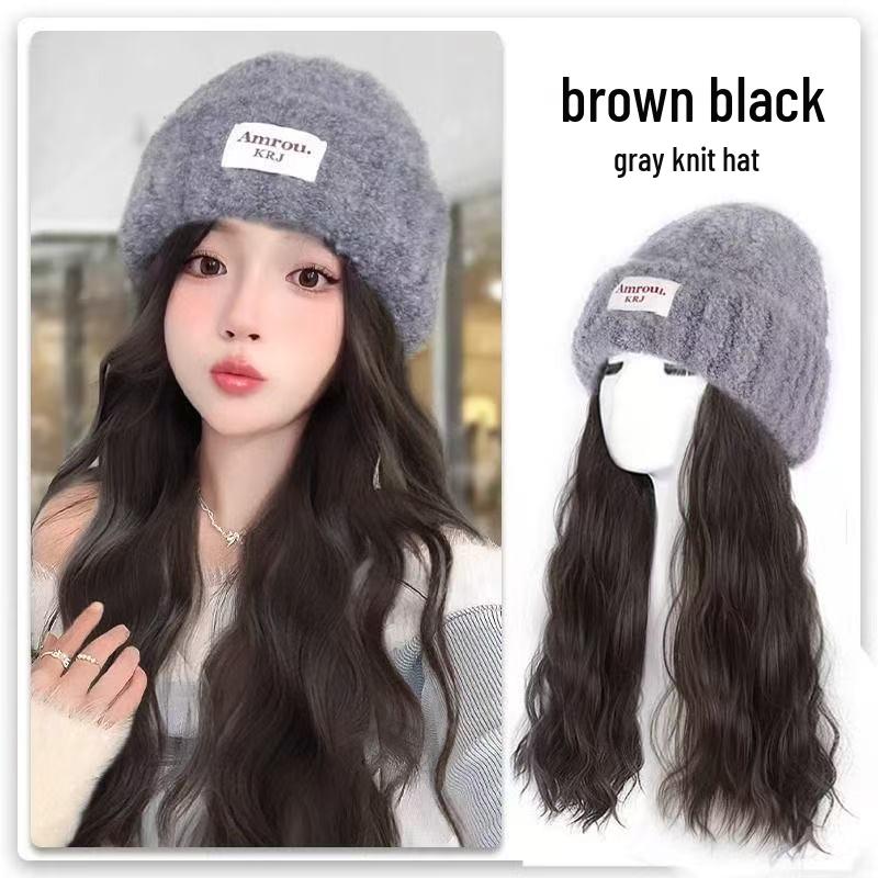 

Women s Autumn/Winter Fashion: Wool Hat with Integrated Realistic Wavy Long Curly Hair, Full Coverage