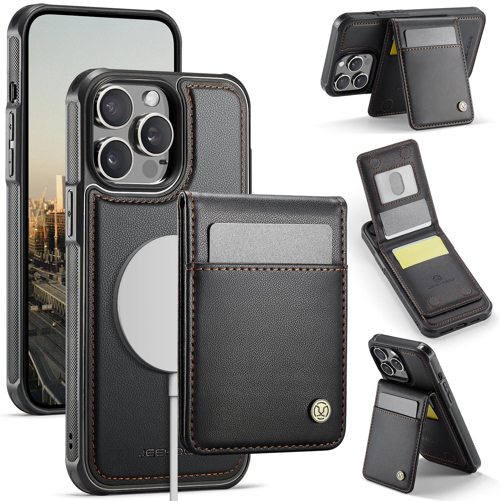 

For iPhone 14 Pro Leather Back Cover Compatible with MagSafe JEEHOOD J06 Phone Case with Card Bag RFID Blocking Black