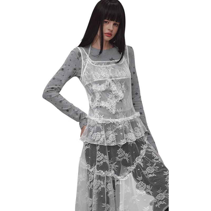 

UNIFREE Illustrator Collab Colorblock Lace Trim Long Sleeve Top M