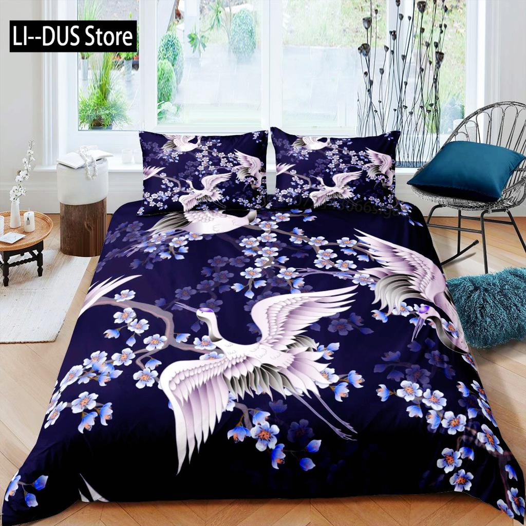 Comforter Crane Queen Size Japanese-Style Bedding Set Cherry Blossoms Pattern Women Girls Japanese Traditional
