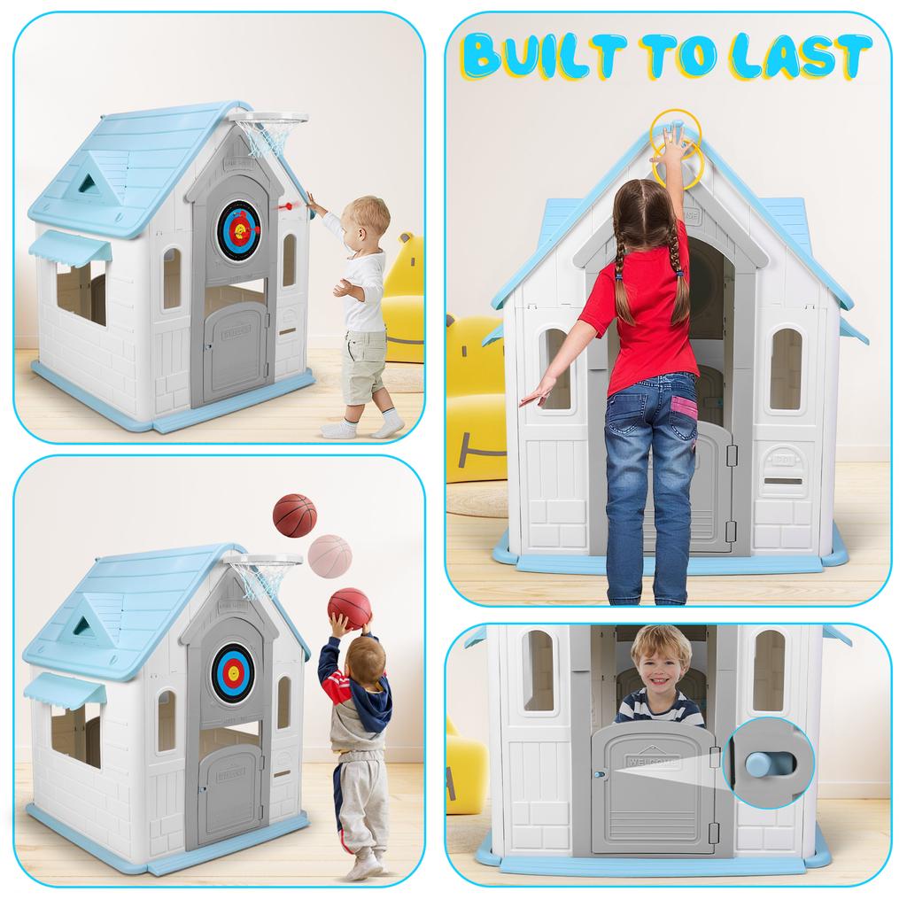 Kids Playhouse with Basketball Hoop Dartboard Indoor/Outdoor Playset Garden Games Cottage for Toddlers