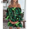 HNXC Women Floral Print Mini Dress Summer Sexy Off Shoulder Flare Sleeve Tunic Dress Female Casual Boho Beach Dress