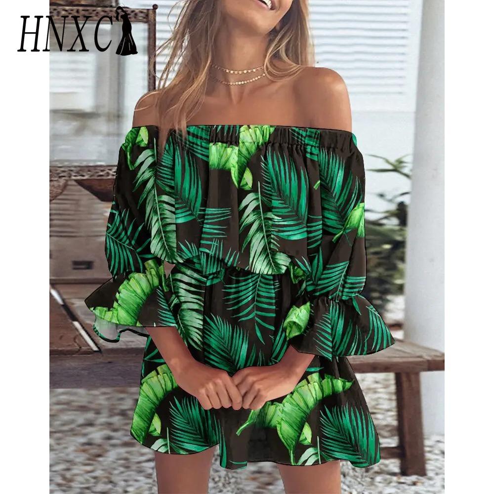 

HNXC Жіноча міні-сукня з квітковим принтом, літня, сексуальна, з відкритими плечима, з розкльошеними рукавами, туніка, жіноча, повсякденна, бохо, пляжна сукня XXXL зелений
