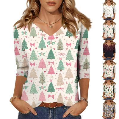 Women's Tops Three-quarter Sleeve Shirt V-neck Loose Casual Shirt Print T-shirt