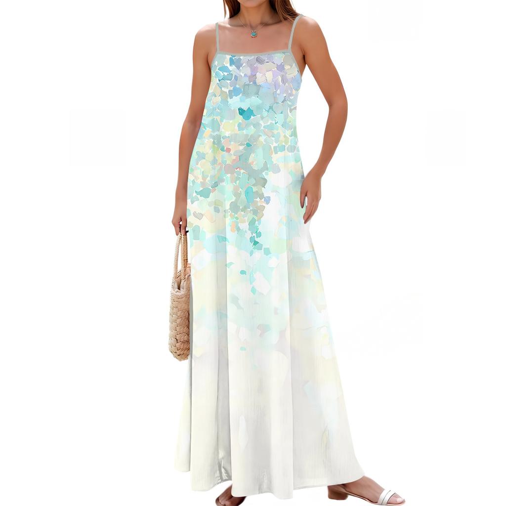 Women's Summer Casual Fashion Adjustable Suspenders Printed Long Dress