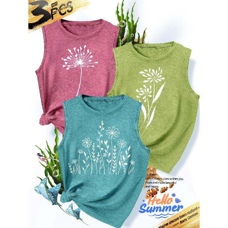 2026New Women's vest3Pieces Dandelion Wildflower Print Simple, Stylish, Casual, Versatile, Comfortable, Soft, Skin-friendly Spring/summer Top S-XXL