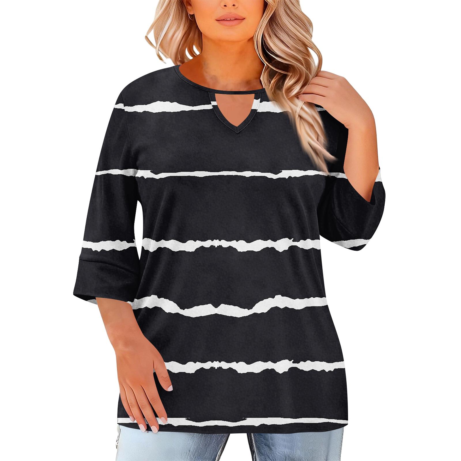Women s Fashion Casual Round Neck Three Quarter Sleeve Oversized Print Top XXXXL чёрный