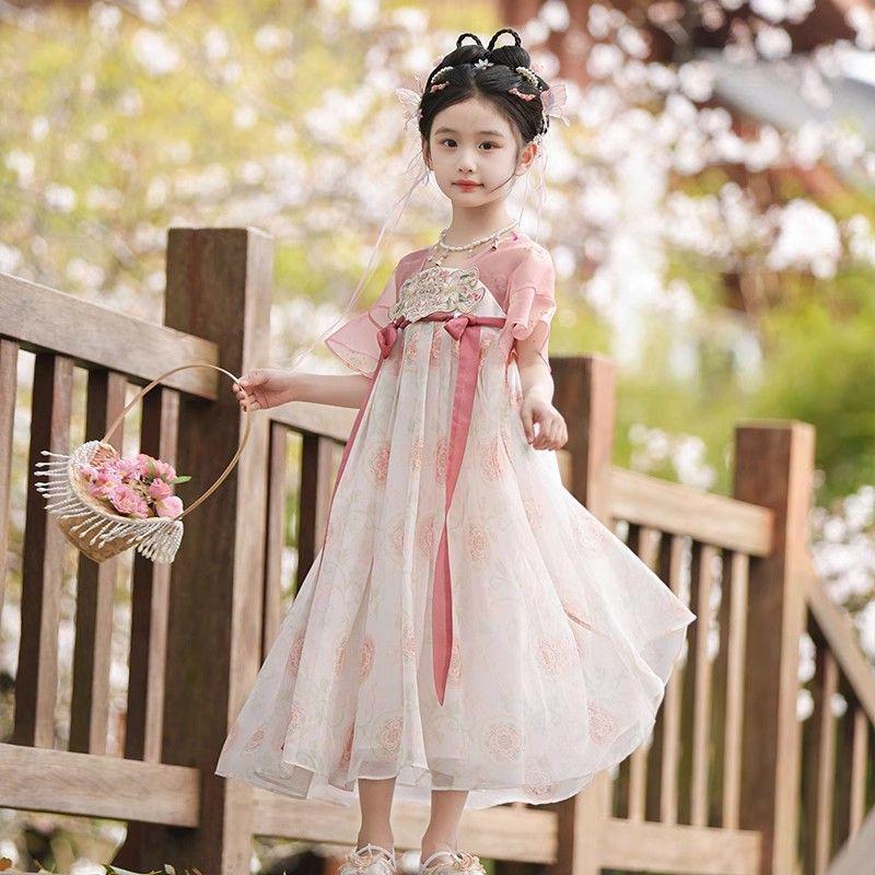 Girls' Summer 2026 Hanfu Dress: Chinese-Style Princess Skirt with Short Sleeves