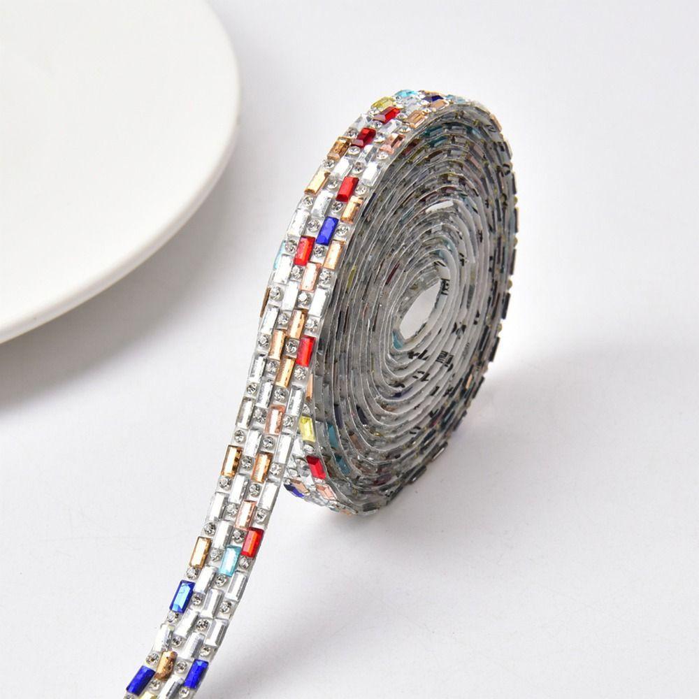 1PC/5Yard Fix Rectangle Self Adhesive Rhinestone Tape Multicolor Crystal Diamond Glitter Trim Ribbon DIY Belt Garment Shoes Bags