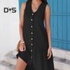 Summer Dress V-Neck Sleeveless Single-Breasted Solid Color Mini Dress Solid Color Loose Fit Women Dress