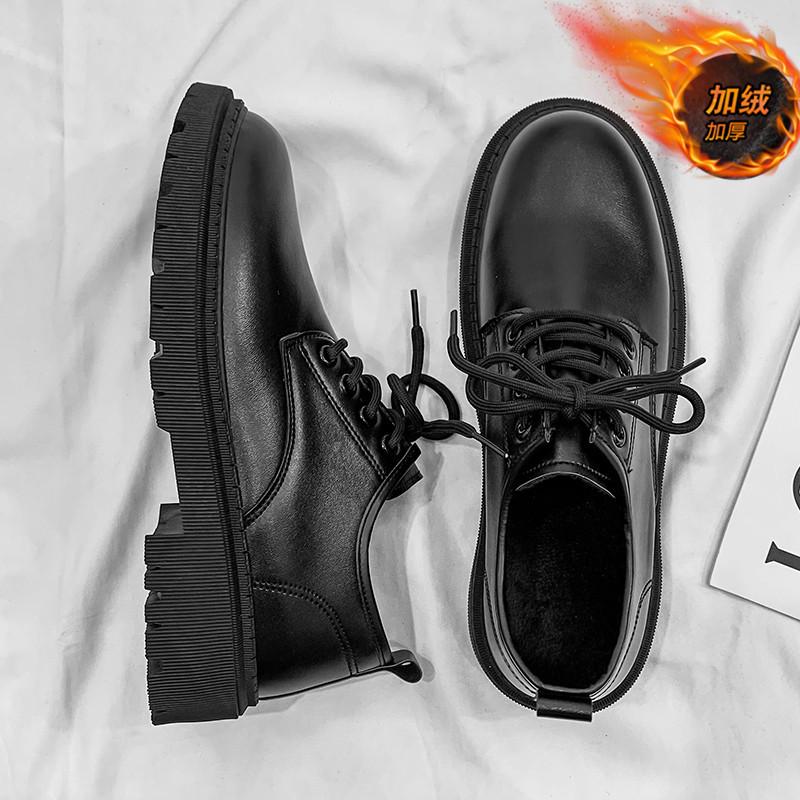 Black big head leather shoes winter business dress British style small leather shoes soft sole casual shoes autumn and winter