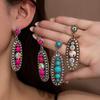 Women Boho Vintage Turquoise Rhinestone Dangle Earrings, Long Hollow Geometric Drop Earrings, Western Style Statement Fashion Jewelry