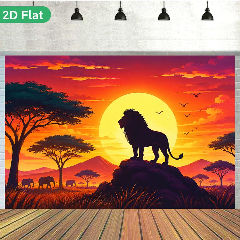 1 Piece of 2D Flat Banner Background Fabric, Depicting the African Scenery At Sunset with the King of the Beasts.zyc