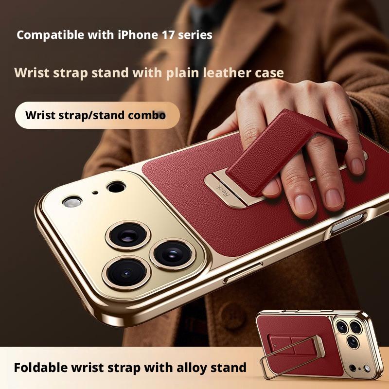 Finger Grip Hand Strap Folding Holder Plain Leather Case For iPhone 17 Pro Max/iPhone 17 Pro/17 Lens Protection Case Cover