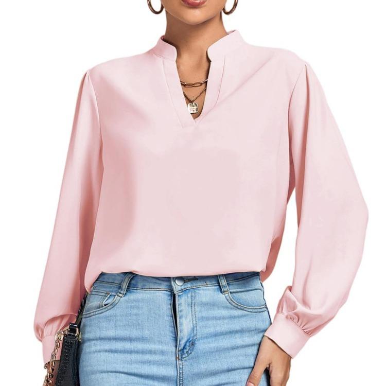 Women Work Shirt Elegant High Neck Long Sleeve Loose V-neck Top Stylish Soft Breathable Lightweight Pullover Shirt