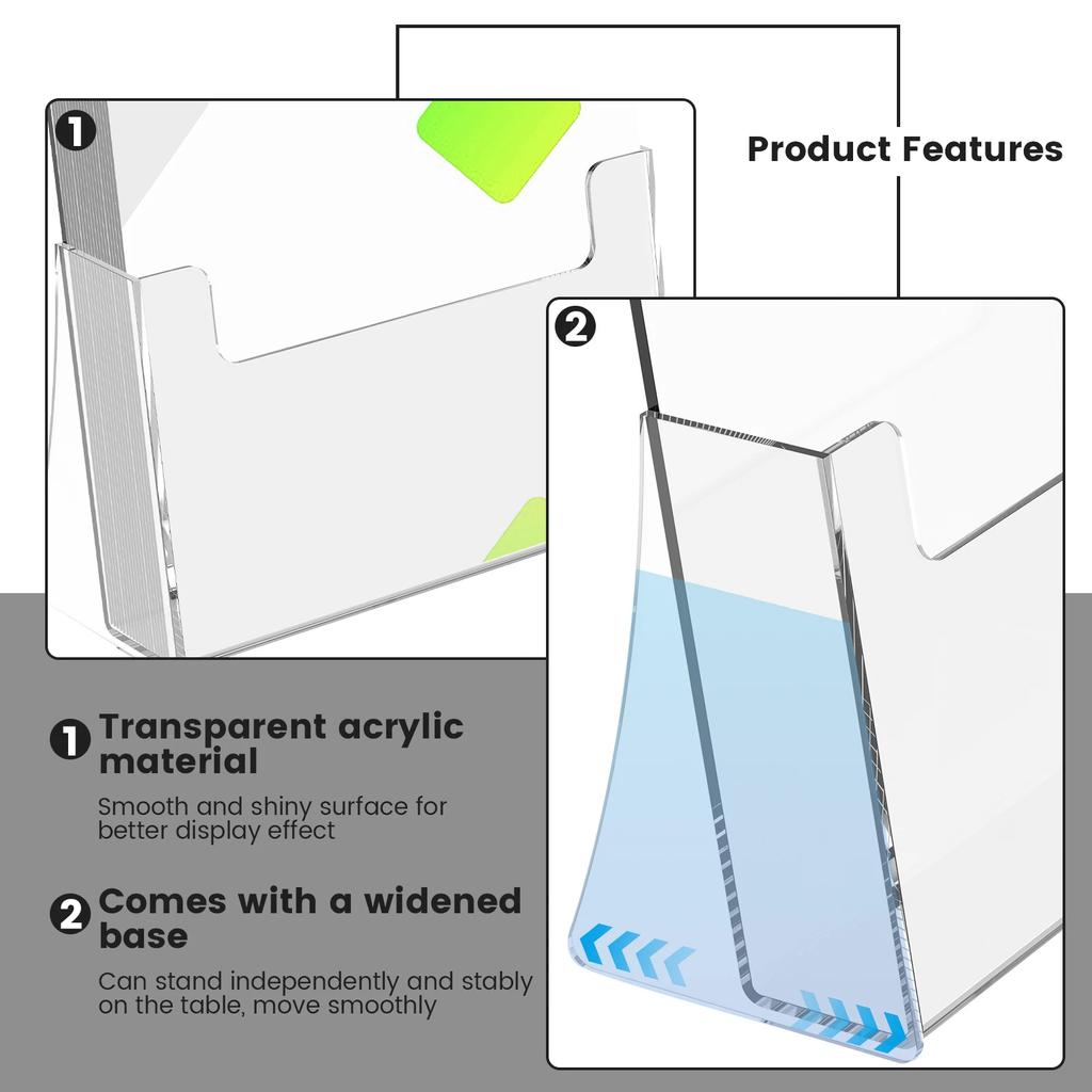 2Pcs Acrylic Brochure Holder Offices Clear Pamphlet Display Stand Stable Multipurpose Desk Leaflet Holder for Photo Paper Menu