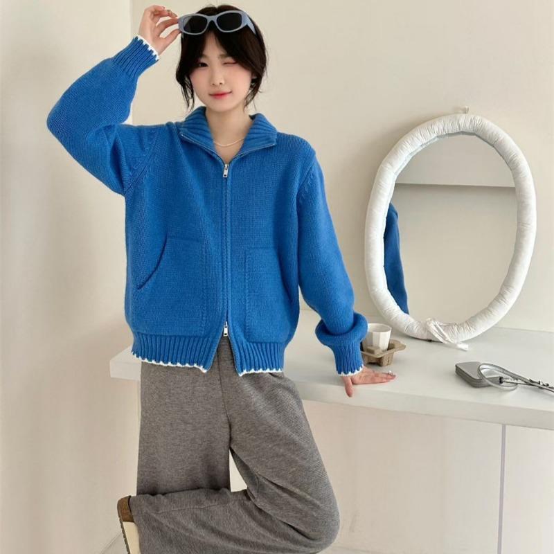 Contrasting color lapel simple casual knitted cardigan top women's autumn and winter new soft waxy loose sweater jacket tide