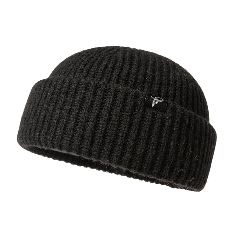 

[TOP-EX] black oversize M/L winter short fisherman beanie merino wool blend knit skull cap for big head warm hat men s ladies Compatible with cold