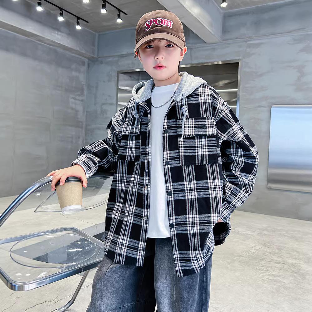 Boys Long Sleeve Hooded Plaid Shirt Kids Casual Autumn Spring