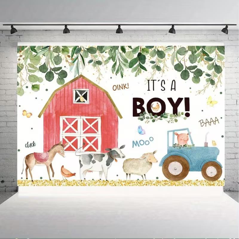 2D Red Barn Farm Backdrop It's A Boy Baby Shower Photography Background