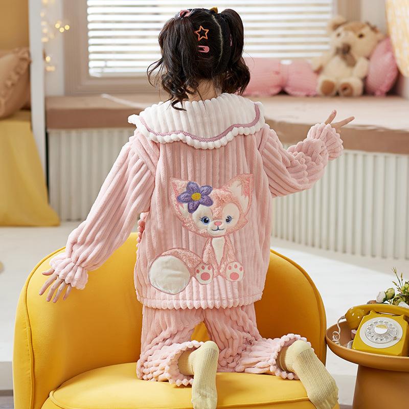 Kids Flannel Pajamas Set Boys Girls Warm Long Sleeve Top And Pants Sleepwear Winter Home Nightwear