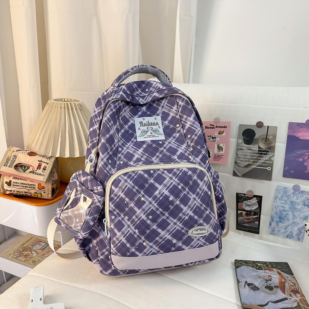 Schoolbag new 1011 plaid junior high school schoolbag girl high value ins style fashion high school student large capacity backpack