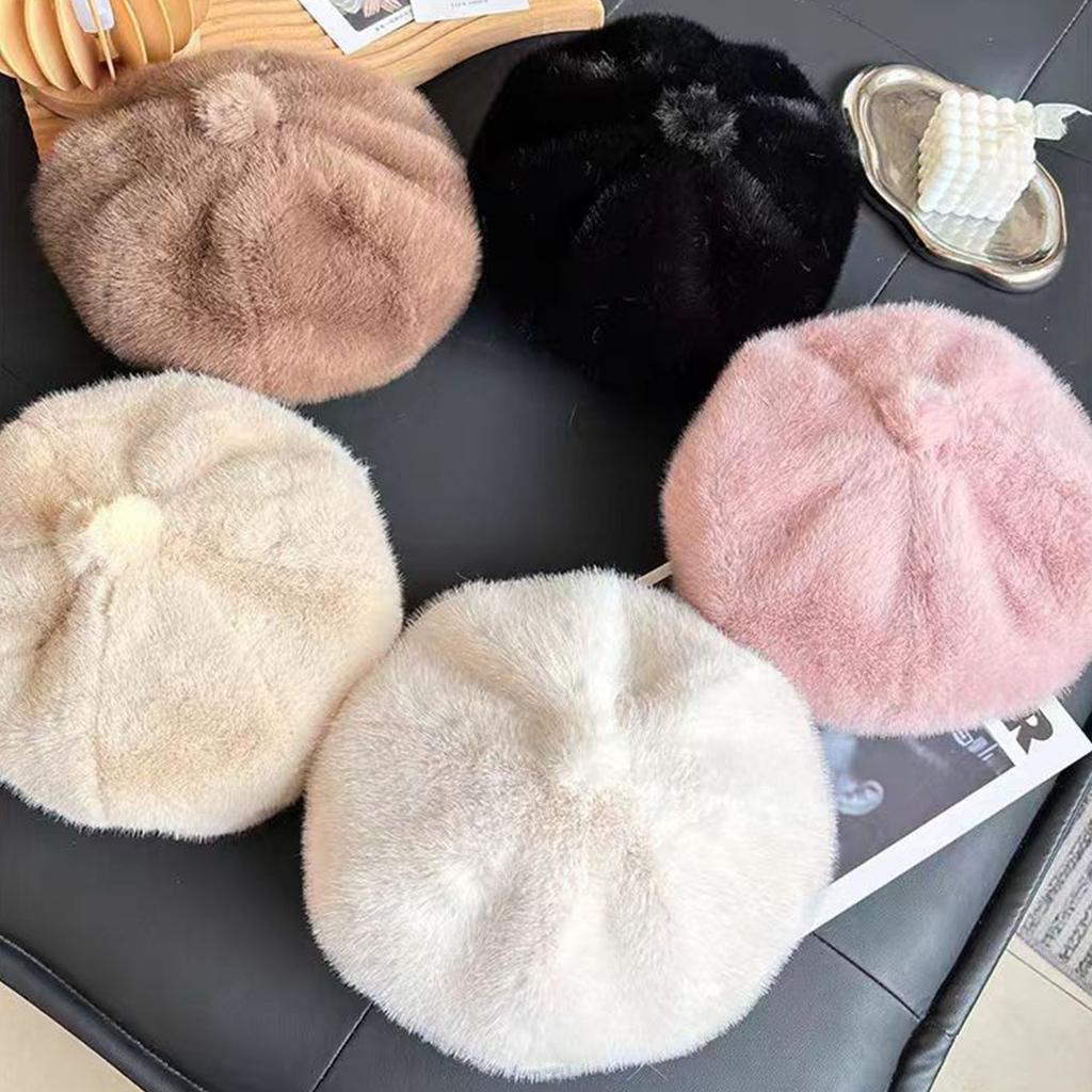Women Fluffy Fur Beret Cap Solid Color Plush Warm Octagonal Hat For Lady Female Casual Anti-Cold Mink Velvet Pumpkin Hats
