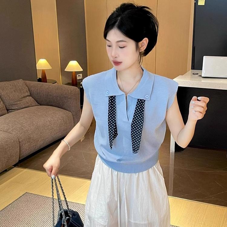 

Korean-style Lapel Silk Scarf, Lace-up Knitted Sweater, Women s Summer Polo Neck Short-sleeved T-shirt, Short Small Fly-sleeved Top One size синій
