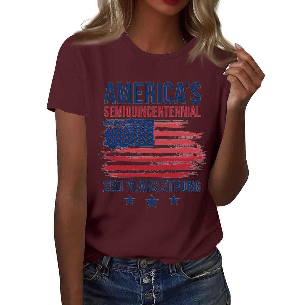 Women's Casual Short Sleeve Graphic T Shirt Crew Neck Top America Semiquincentennial 250 Years Strong Print Tee