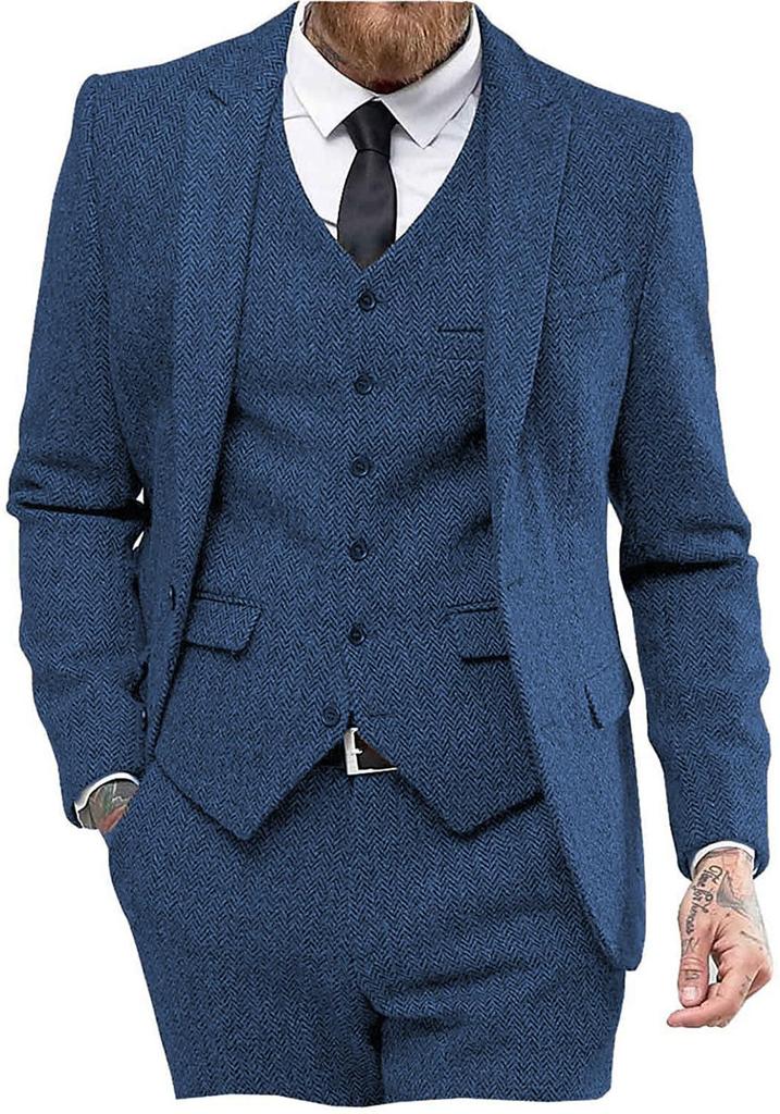 Men's Slim Fit Herringbone Three-Piece Suit for Business, Banquets, and Weddings