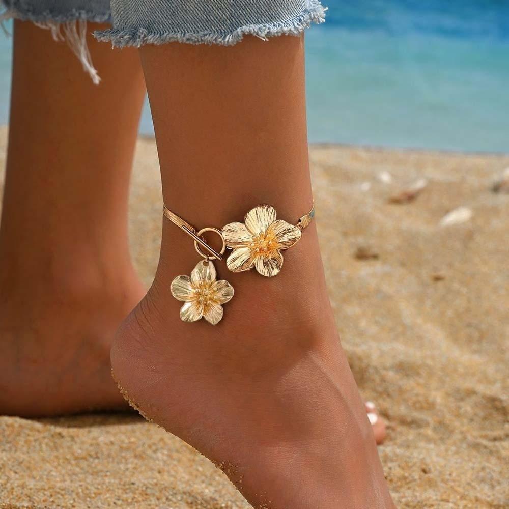Golden Oil-Dripped Foot Chain Adjustable Beach Jewelry Simple Flower Pendant Anklet Summer