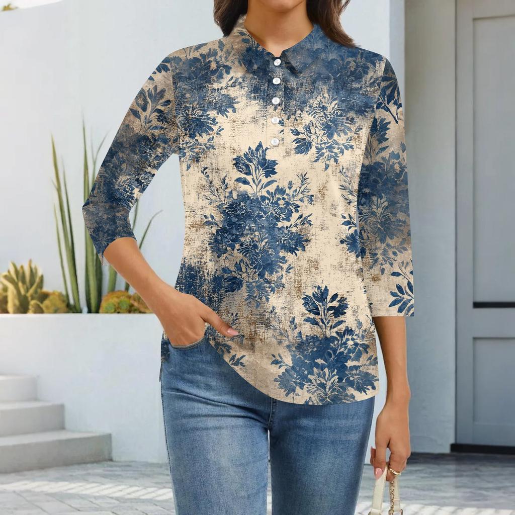 Dámská móda Ležérní klopa Krátký 3/4 rukáv Potisk Košile Dámské zapínací topy